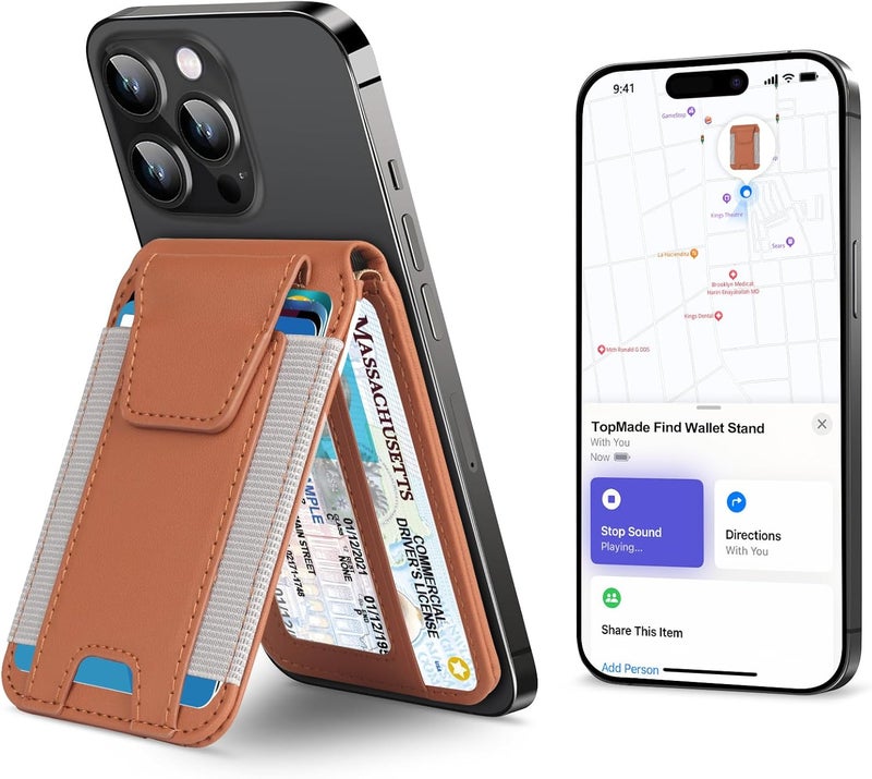 TopMade for Magsafe Wallet, Works with Apple Find My, Strongest Magnetic Wallet for iPhone 17/16/15/14/13/12 Series, Mganetic Card Holder with Adjustable Stand, 9 Cards Holder, Brown - Image 1